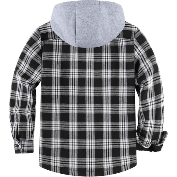 Men's Hooded White Black Sherpa Line Plaid Flannel Jacket Warm Winter Coat. - Picture 2 of 6